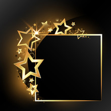 Festive Golden Frame With Shiny Beautiful Stars On A Black Background