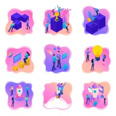 Poster - Isometric bright concepts with teenagers or young entrepreneurs. Vector illustration for website and mobile application design