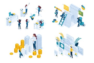 Wall Mural - Isometric Set concept Working with documents, signing a contract, checking documents. Modern vector illustration concepts for website