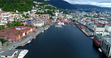 Wall Mural - Aerial view of Bryggen district - Tourist attraction and Unesco World Heritage site with old wooden buildings. Bergen. Norway.