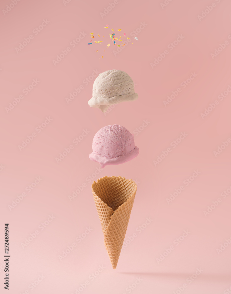 Infographic design of ice cream with colorful sprinkles. Minimal summer background. Food deconstructed food styling concept. - obrazy, fototapety, plakaty 