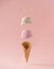 Wall Mural - Infographic design of ice cream with colorful sprinkles. Minimal summer background. Food deconstructed food styling concept.