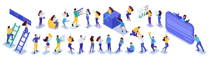 Poster - set of isometric teenagers, social networking, reviews, likes, messages. for website and mobile appl