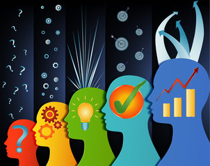 Human head series isolated profile - problem - analysis - inspiration - idea - approval - solution and success. Problem solution concept with symbols and signs. Strategy concept. Blue background