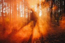 Mystery Looking Silhouette Of Girl In Sunset Forest Full Of Orange Fog