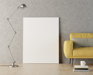 Poster - Blank canvas mockup against grey wall, 3d render illustration.