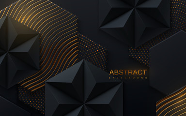 Poster - Abstract geometric background. Vector 3d illustration. Hex and pyramid black shapes. Polygonal tiles with golden wavy pattern and glitters. Minimal cover design. Futuristic design element.