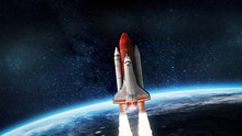 Space Shuttle Launch In Outer Space From Earth. Rocket On Orbit Of The Planet. Elements Of This Image Furnished By NASA