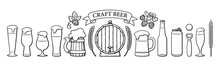 Beer Objects Set. Beer Glasses Of Different Shape, Mugs, Old Wooden Barrel, Bottle, Can, Opener, Cap, Barley, Wheat, Ribbon Banner With Text Craft Beer. Black And White Vector Illustration.