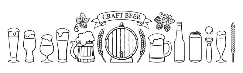 Wall Mural - beer objects set. beer glasses of different shape, mugs, old wooden barrel, bottle, can, opener, cap