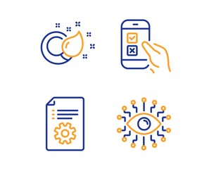 Poster - Paint brush, Technical documentation and Mobile survey icons simple set. Artificial intelligence sign. Creativity, Manual, Phone quiz test. All-seeing eye. Education set. Linear paint brush icon
