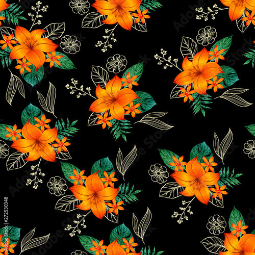 Seamless pattern yellow  flower with green leaf
