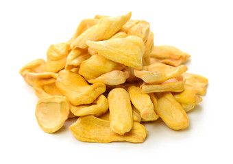 Wall Mural - Close up of a pile of dried jackfruit chips isolated on white background