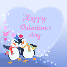 Cute And Romantic Couple Penguin In Love. Valentine's Day Greeting Card.