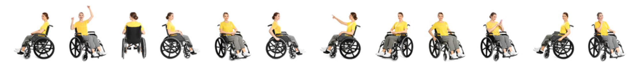 Set of beautiful woman in wheelchair on white background. Banner design