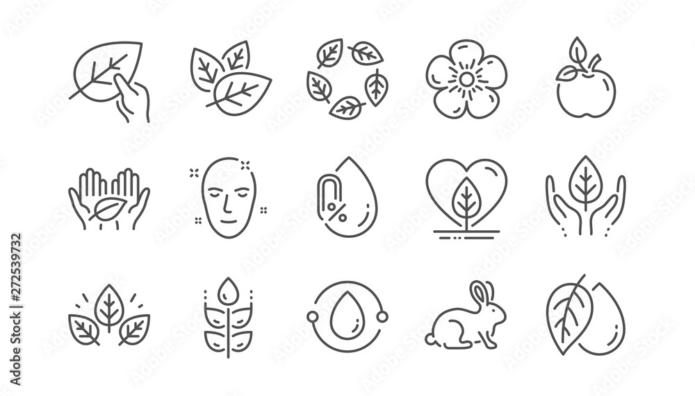 Organic cosmetics line icons. No alcohol free, synthetic fragrance, fair trade. Sustainable textiles, animal testing, eco organic icons. Linear set. Vector - obrazy, fototapety, plakaty 