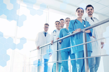 Canvas Print - Happy students of chemistry department indoors, space for text