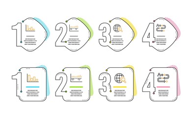 Poster - Column diagram, Histogram and International Ð¡opyright icons simple set. Journey path sign. Sale statistics, Economic trend, World copywriting. Project process. Science set. Infographic timeline