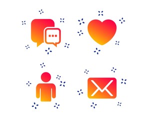 Wall Mural - Social media icons. Chat speech bubble and Mail messages symbols. Love heart sign. Human person profile. Random dynamic shapes. Gradient speech bubble icon. Vector