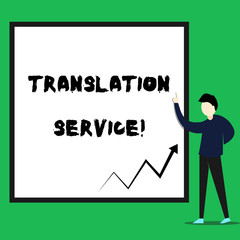 Poster - Writing note showing Translation Service. Business concept for the Equivalent Target Language from the Mother Tongue Young man standing pointing up rectangle Geometric background