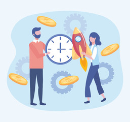 Sticker - businessman and businesswoman with clock and rocket with coins