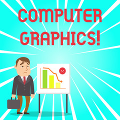 Fototapete - Handwriting text Computer Graphics. Conceptual photo visual representations of data displayed on a monitor Businessman Clerk with Brief Case Standing Whiteboard Declining Bar Chart