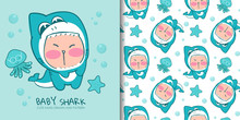Hand Drawn Lovely Kid In Costume Of Shark With Seamless Pattern.