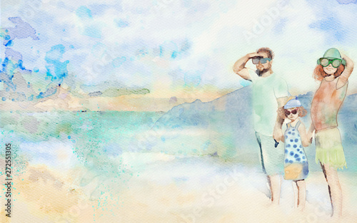 Abstract Portrait Of Family At The Seaside Watercolor Background