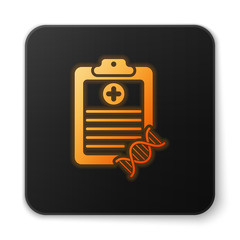 Orange glowing Clipboard with DNA analysis icon isolated on white background. Genetic engineering, genetics testing, cloning, paternity testing. Black square button. Vector Illustration