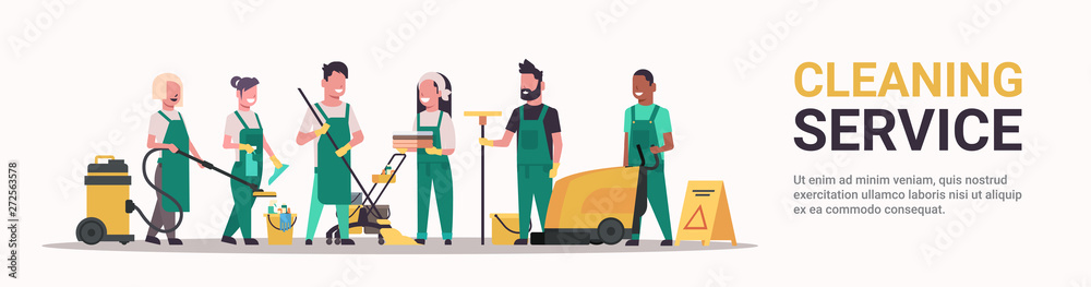 janitors team cleaning service concept male female mix race cleaners in uniform working together with professional equipment flat full length horizontal banner copy space - obrazy, fototapety, plakaty 