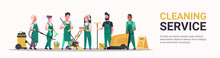 Janitors Team Cleaning Service Concept Male Female Mix Race Cleaners In Uniform Working Together With Professional Equipment Flat Full Length Horizontal Banner Copy Space