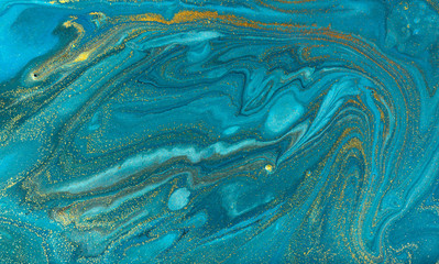 Wall Mural - Blue marbling pattern. Golden marble liquid texture.