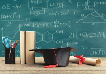 Wall Mural - Molecule models and formulas on blackboard background