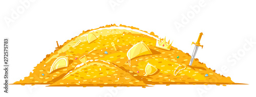 Cuadros en Lienzo Pile of gold coins and different treasures, big bright treasure of gold coins il