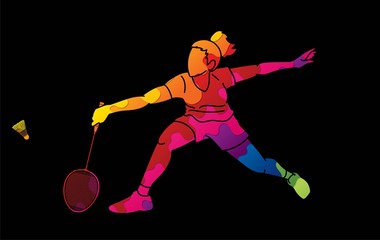 Wall Mural - Badminton female player action with racket and shuttlecock cartoon graphic vector.