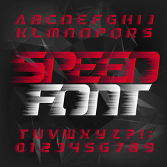 Poster - Speed alphabet font. Wind effect futuristic type letters and numbers. Abstract dark background. Stock vector typeface for your design. Easy color change.