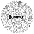 © wanchana - hand drawn summer beach doodles isolated vector symbols and objects Icon Set on chalkboard.