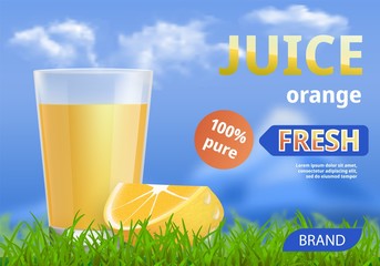 Orange juice advertising design with package and fresh orange. Concept background. Vector illustration.