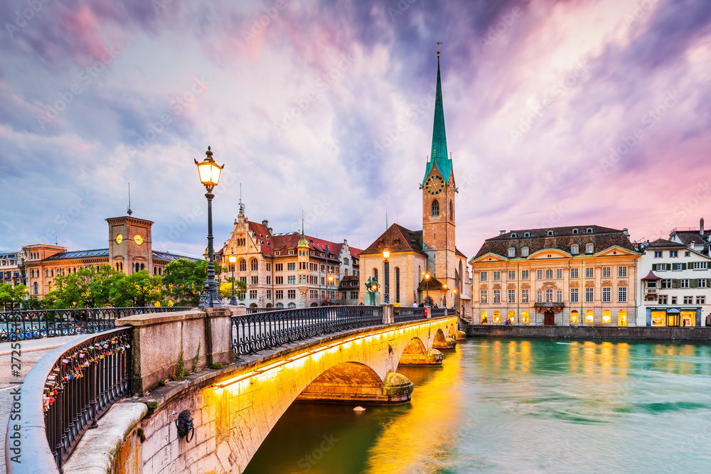 Zurich, Switzerland. View of the historic city center with famous Fraumunster Church - obrazy, fototapety, plakaty 