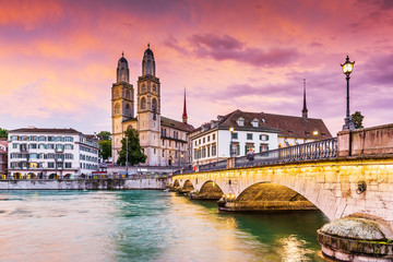 Wall Mural - Zurich, Switzerland. View of the historic city center with famous Grossmunster Church