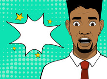 Template Advertising Poster In The Style Of Pop Art. Shocked African Man.OMG Face. Vector Illustration
