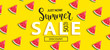 Summer Sale watermelon banner on yellow background, hot end or mid season 50 percent discount poster.Invitation for shopping, special offer card, template design for promotions. Vector illustration.
