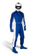 © stockphoto-graf - Determined race driver in blue white motorsport overall shoes gloves and integral safety crash helmet isolated white background. Car racing motorcycle sport concept.