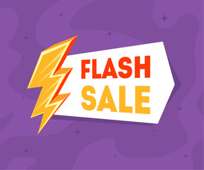 Sticker - Flash Sale Banner Template with Golden Thunder Sign on Purple Background Vector Illustration