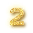 Gold glitter alphabet numbers 2 with shadow. Vector realistick shining golden font number two of sparkles on white background. For decoration of cute wedding, anniversary, party, label, headline