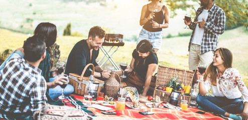 Wall Mural - Happy adult friends having picnic bbq dinner outdoor - Young people eating and drinking wine in summer weekend day - Friendship, food, hanging and trendy concept - Main focus on center man face