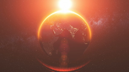 Wall Mural - earth orbit rotation reverse bright red sun beam. celestial globe world map starry universe galaxy c
