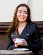 © be free - Peaceful inspiring moment. Girl relax in cafe cappuccino cup. Caffeine dose. Coffee for energetic successful day. Breakfast time in cafe. Girl enjoy morning coffee. Woman drink coffee outdoors