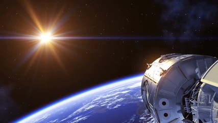 Wall Mural - 4k. space station in the rays of red sun. ultra high definition. 3840x2160. 3d animation.