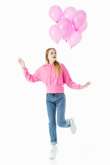 Wall Mural - curious teenage girl with pink balloons isolated on white